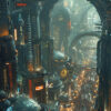 A dense crowd moves through a futuristic city with tall, illuminated buildings, large arches, and glowing signs in a hazy atmosphere. Sci-fi art poster available in A1 to A4 sizes.