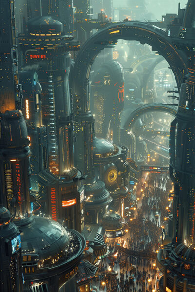 A dense crowd moves through a futuristic city with tall, illuminated buildings, large arches, and glowing signs in a hazy atmosphere. Sci-fi art poster available in A1 to A4 sizes.