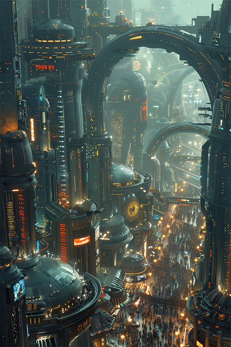 product-image-2-3 A dense crowd moves through a futuristic city with tall, illuminated buildings, large arches, and glowing signs in a hazy atmosphere. Sci-fi art poster available in A1 to A4 sizes.