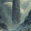 A tall, dark, futuristic tower rises from a snowy, rocky landscape with two large moons visible in the cloudy sky above. Sci-fi art poster available in A1 to A4 sizes.