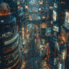 A bustling, neon-lit cityscape at night with crowded streets, tall futuristic buildings, and bright electronic billboards. Sci-fi art poster available in A1 to A4 sizes.