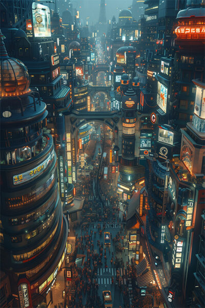 A bustling, neon-lit cityscape at night with crowded streets, tall futuristic buildings, and bright electronic billboards. Sci-fi art poster available in A1 to A4 sizes.