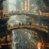 Futuristic city scene with multiple elevated walkways, neon signs, and crowds of people below under glowing lights in a rainy urban environment. Sci-fi art poster available in A1 to A4 sizes.