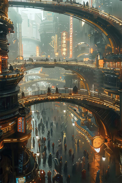 Futuristic city scene with multiple elevated walkways, neon signs, and crowds of people below under glowing lights in a rainy urban environment. Sci-fi art poster available in A1 to A4 sizes.