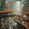 A futuristic cityscape with tall buildings, glowing orange lights, elevated walkways, and crowds of people moving along multiple levels. Sci-fi art poster available in A1 to A4 sizes.
