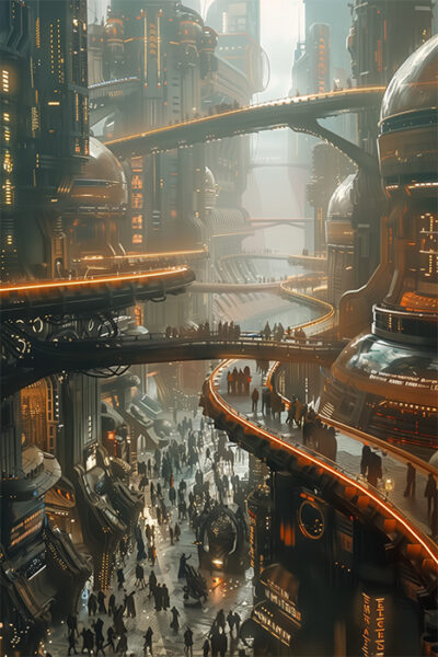 A futuristic cityscape with tall buildings, glowing orange lights, elevated walkways, and crowds of people moving along multiple levels. Sci-fi art poster available in A1 to A4 sizes.