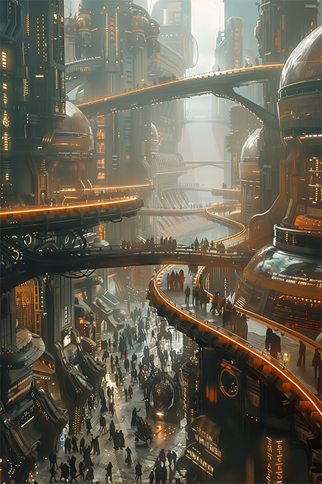 product-image-2-3 A futuristic cityscape with tall buildings, glowing orange lights, elevated walkways, and crowds of people moving along multiple levels. Sci-fi art poster available in A1 to A4 sizes.