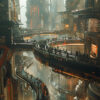 Futuristic cityscape with towering buildings, elevated walkways, and crowds of people. Warm lights illuminate the structures and pathways, creating a high-tech urban environment. Sci-fi art poster available in A1 to A4 sizes.