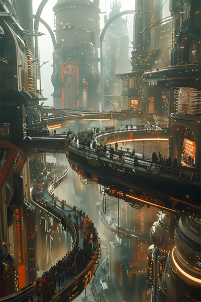 Futuristic cityscape with towering buildings, elevated walkways, and crowds of people. Warm lights illuminate the structures and pathways, creating a high-tech urban environment. Sci-fi art poster available in A1 to A4 sizes.
