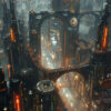 Futuristic cityscape with tall, illuminated skyscrapers, elevated roads, and glowing lights in a dense urban area under a hazy sky. Sci-fi art poster available in A1 to A4 sizes.