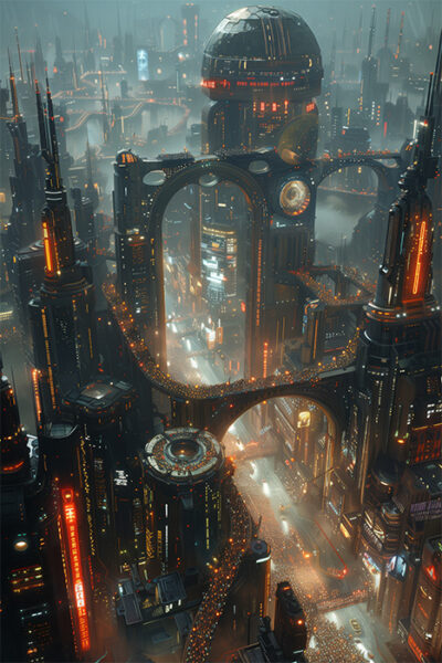Futuristic cityscape with tall, illuminated skyscrapers, elevated roads, and glowing lights in a dense urban area under a hazy sky. Sci-fi art poster available in A1 to A4 sizes.
