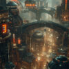 Futuristic cityscape with tall, illuminated skyscrapers, elevated walkways, and dense crowds filling the streets below under a hazy atmosphere. Sci-fi art poster available in A1 to A4 sizes.