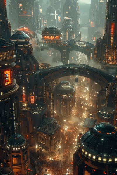 Futuristic cityscape with tall, illuminated skyscrapers, elevated walkways, and dense crowds filling the streets below under a hazy atmosphere. Sci-fi art poster available in A1 to A4 sizes.