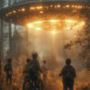 Five children stand in a forest, facing a large, illuminated UFO hovering above the ground, with beams of light shining down through the trees. Fantasy art poster available in A1 to A4 sizes.