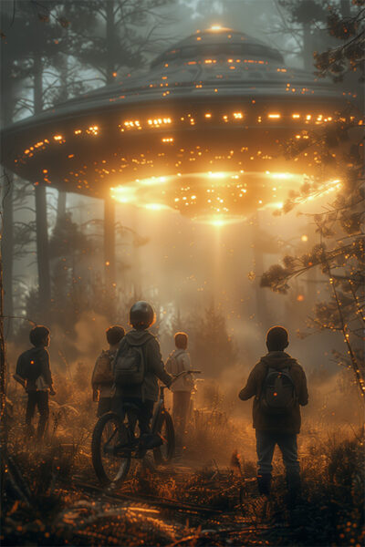 Five children stand in a forest, facing a large, illuminated UFO hovering above the ground, with beams of light shining down through the trees. Fantasy art poster available in A1 to A4 sizes.