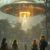 Four children stand in a forest, looking up at a large, glowing UFO hovering above the trees, with one person being lifted toward the spacecraft by a beam of light. Fantasy art poster available in A1 to A4 sizes.