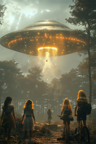 Four children stand in a forest, looking up at a large, glowing UFO hovering above the trees, with one person being lifted toward the spacecraft by a beam of light. Fantasy art poster available in A1 to A4 sizes.