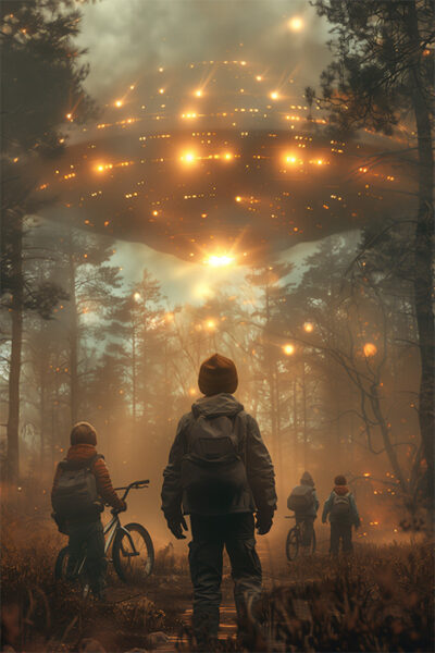 Four children with bicycles stand in a misty forest, looking up at a large, glowing UFO with many bright lights hovering above the trees. Fantasy art poster available in A1 to A4 sizes.