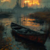 A rusted, abandoned boat sits in a polluted marsh with overgrown reeds; industrial smokestacks emit dark smoke under a dramatic, cloudy sunset. Dystopian art poster available in A1 to A4 sizes.