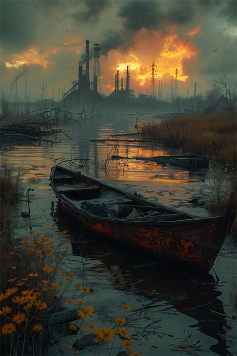 product-image-2-3 A rusted, abandoned boat sits in a polluted marsh with overgrown reeds; industrial smokestacks emit dark smoke under a dramatic, cloudy sunset. Dystopian art poster available in A1 to A4 sizes.