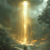 A person stands in a forest clearing beneath a large, glowing UFO emitting bright yellow light beams down to the ground. Fantasy art poster available in A1 to A4 sizes.