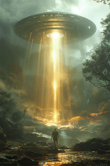 product-image-2-3 A person stands in a forest clearing beneath a large, glowing UFO emitting bright yellow light beams down to the ground. Fantasy art poster available in A1 to A4 sizes.