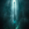 A person floats upward towards beams of light, with plants visible on the ground. Fantasy art poster available in A1 to A4 sizes.