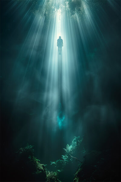 A person floats upward towards beams of light, with plants visible on the ground. Fantasy art poster available in A1 to A4 sizes.