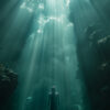 A person swims underwater, illuminated by rays of sunlight filtering through the surface above, surrounded by rocky formations. Fantasy art poster available in A1 to A4 sizes.