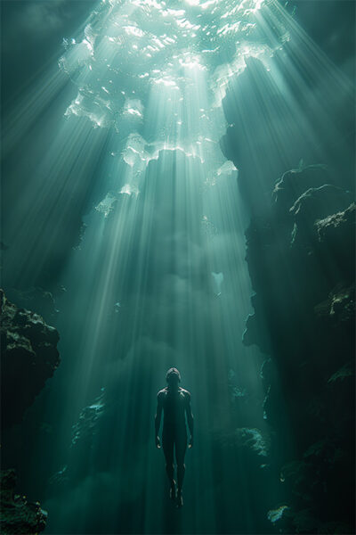 A person swims underwater, illuminated by rays of sunlight filtering through the surface above, surrounded by rocky formations. Fantasy art poster available in A1 to A4 sizes.