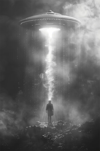 A person stands on rocky ground as a beam of light from a hovering UFO shines down, surrounded by mist and swirling energy. Fantasy art poster available in A1 to A4 sizes.