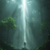 A person stands in a forest, illuminated by a beam of light from a hovering UFO above the trees. Sc-fi art poster available in A1 to A4 sizes.