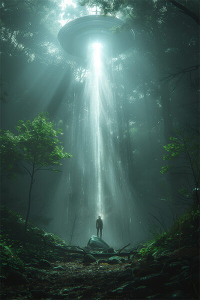 A person stands in a forest, illuminated by a beam of light from a hovering UFO above the trees. Sc-fi art poster available in A1 to A4 sizes.