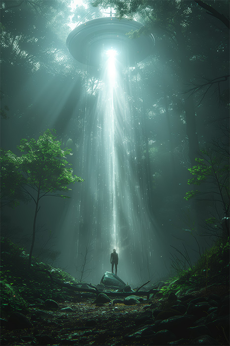 product-image-2-3 A person stands in a forest, illuminated by a beam of light from a hovering UFO above the trees. Sc-fi art poster available in A1 to A4 sizes.