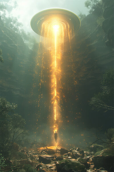 A person is being lifted by a glowing beam of light into a hovering UFO above a rocky, forested landscape. Sc-fi art poster available in A1 to A4 sizes.