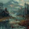 A misty mountain landscape with a rundown wooden cabin by a calm river, surrounded by autumn trees, under a cloudy sky. Wall art print available in A1 to A4 sizes.