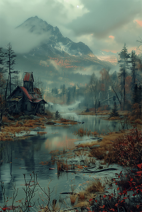 product-image-2-3 A misty mountain landscape with a rundown wooden cabin by a calm river, surrounded by autumn trees, under a cloudy sky. Wall art print available in A1 to A4 sizes.