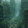 A foggy, overgrown city street with abandoned yellow taxis, crumbling buildings, and dense vegetation overtaking the urban landscape. Post apocalyptic art poster available in A1 to A4 sizes.