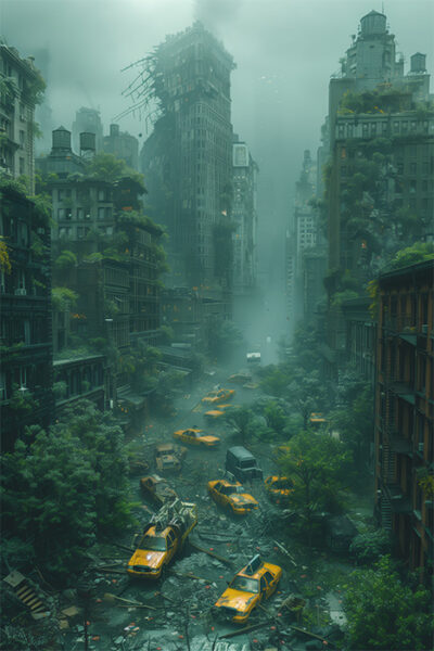 A foggy, overgrown city street with abandoned yellow taxis, crumbling buildings, and dense vegetation overtaking the urban landscape. Post apocalyptic art poster available in A1 to A4 sizes.