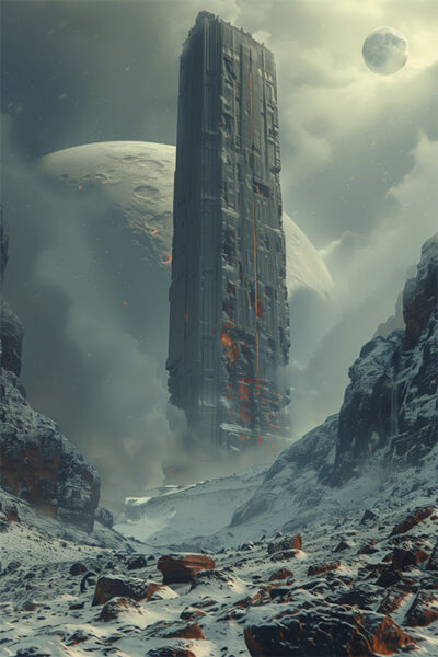 A tall, dark, futuristic tower rises from a snowy, rocky landscape with two large moons visible in the cloudy sky above. Sci-fi art poster available in A1 to A4 sizes.