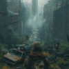 A person in a hooded jacket with a backpack stands overlooking a foggy, overgrown city street filled with abandoned cars and decaying skyscrapers. Post apocalyptic art poster available in A1 to A4 sizes.