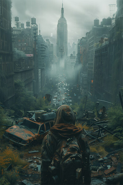 A person in a hooded jacket with a backpack stands overlooking a foggy, overgrown city street filled with abandoned cars and decaying skyscrapers. Post apocalyptic art poster available in A1 to A4 sizes.