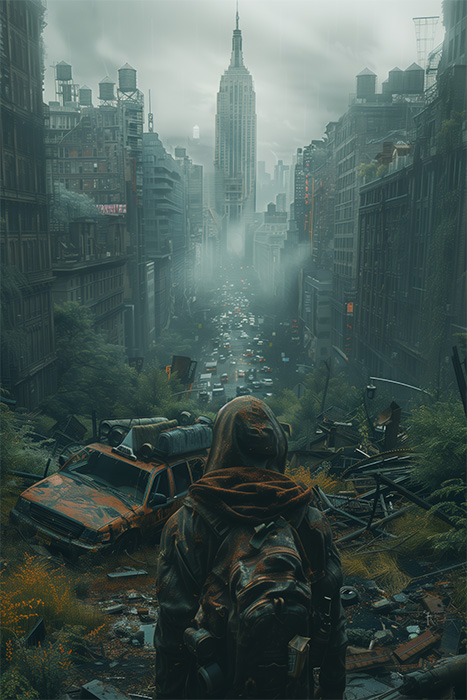 product-image-2-3 A person in a hooded jacket with a backpack stands overlooking a foggy, overgrown city street filled with abandoned cars and decaying skyscrapers. Post apocalyptic art poster available in A1 to A4 sizes.