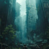 A solitary figure stands amid overgrown vegetation and abandoned cars in a heavily damaged, foggy cityscape with tall, crumbling buildings. Post apocalyptic art poster available in A1 to A4 sizes.