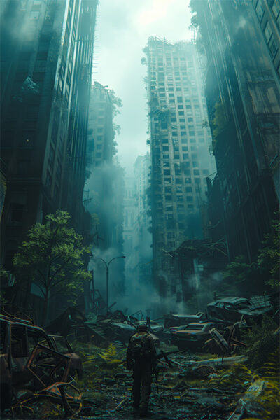 A solitary figure stands amid overgrown vegetation and abandoned cars in a heavily damaged, foggy cityscape with tall, crumbling buildings. Post apocalyptic art poster available in A1 to A4 sizes.