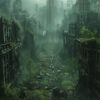 A city street overgrown with vegetation and abandoned, damaged buildings, with a tall skyscraper in the background under a cloudy sky. Post apocalyptic art poster available in A1 to A4 sizes.