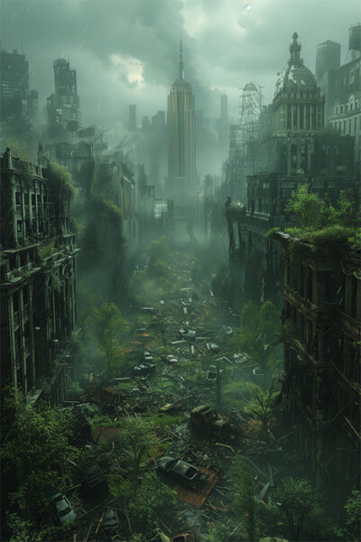 A city street overgrown with vegetation and abandoned, damaged buildings, with a tall skyscraper in the background under a cloudy sky. Post apocalyptic art poster available in A1 to A4 sizes.