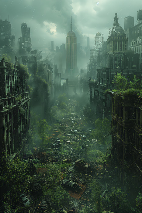 product-image-2-3 A city street overgrown with vegetation and abandoned, damaged buildings, with a tall skyscraper in the background under a cloudy sky. Post apocalyptic art poster available in A1 to A4 sizes.