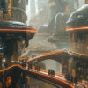 A futuristic cityscape with curved buildings, elevated walkways, glowing orange lights, and crowds of people moving between structures. Sci-fi art poster available in A1 to A4 sizes.