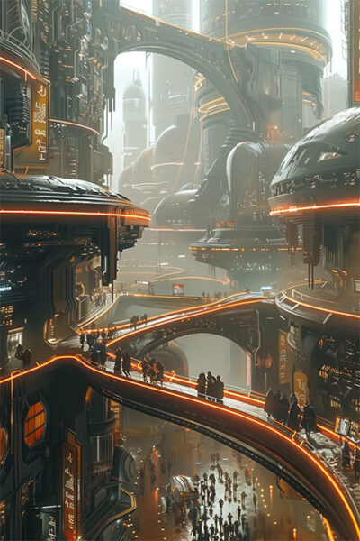 A futuristic cityscape with curved buildings, elevated walkways, glowing orange lights, and crowds of people moving between structures. Sci-fi art poster available in A1 to A4 sizes.